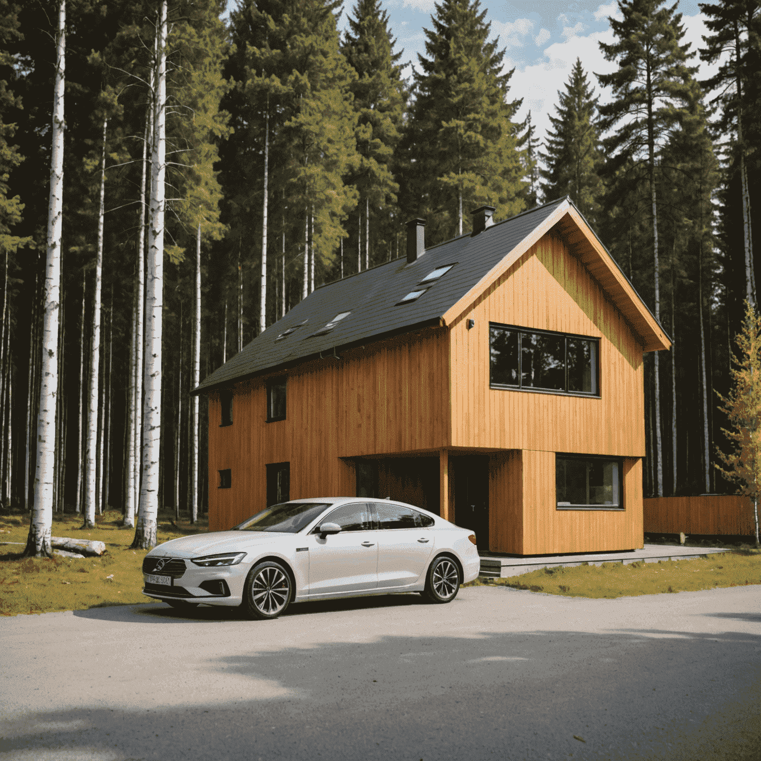 En modern bil parkerad framför ett skandinaviskt hus med träfasad, omgiven av tall- och björkträd. Bilden illustrerar vikten av att välja rätt försäkringsskydd för olika typer av fordon och livsstilar.