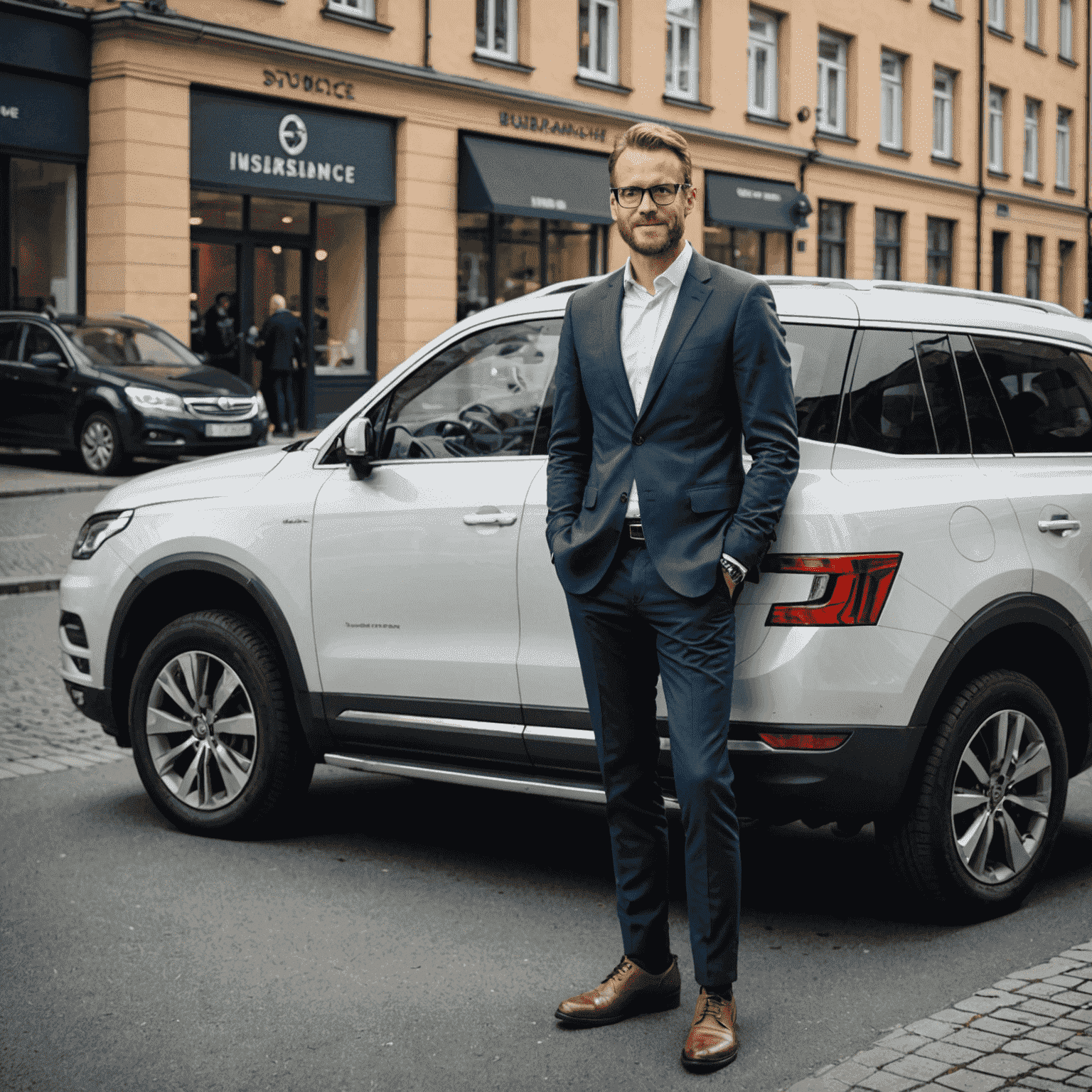 En svensk entreprenör som står bredvid sin firmabil, vilket illustrerar vikten av rätt försäkring för företagsfordon.