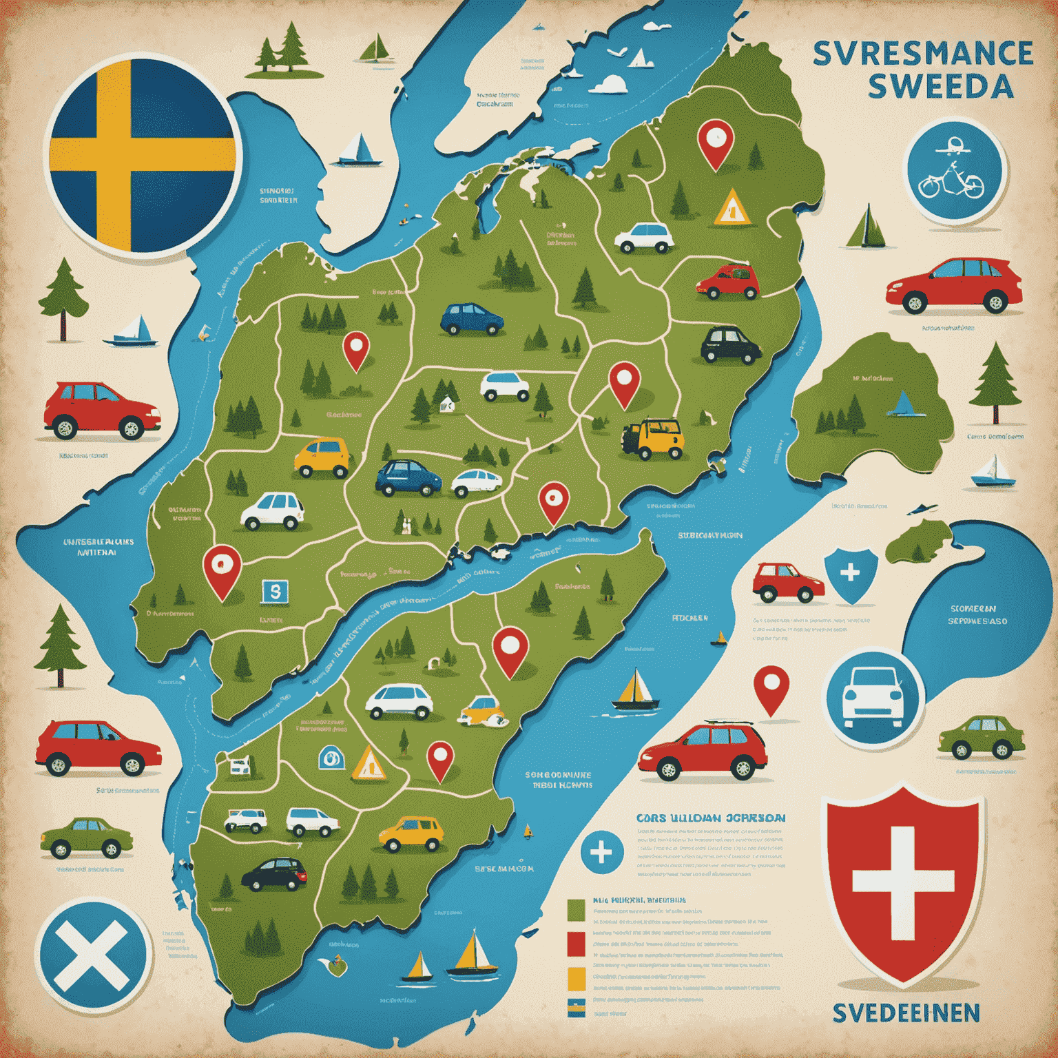 En karta över Sverige med ikoner som representerar olika aspekter av bilförsäkring, såsom trafiksäkerhet och miljöhänsyn.
